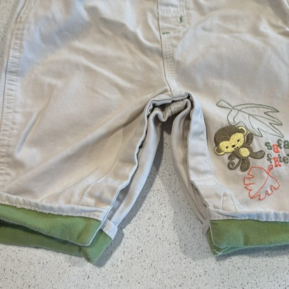 Small Wonders Beige and Green Overalls monkey safari friends 3/6 months